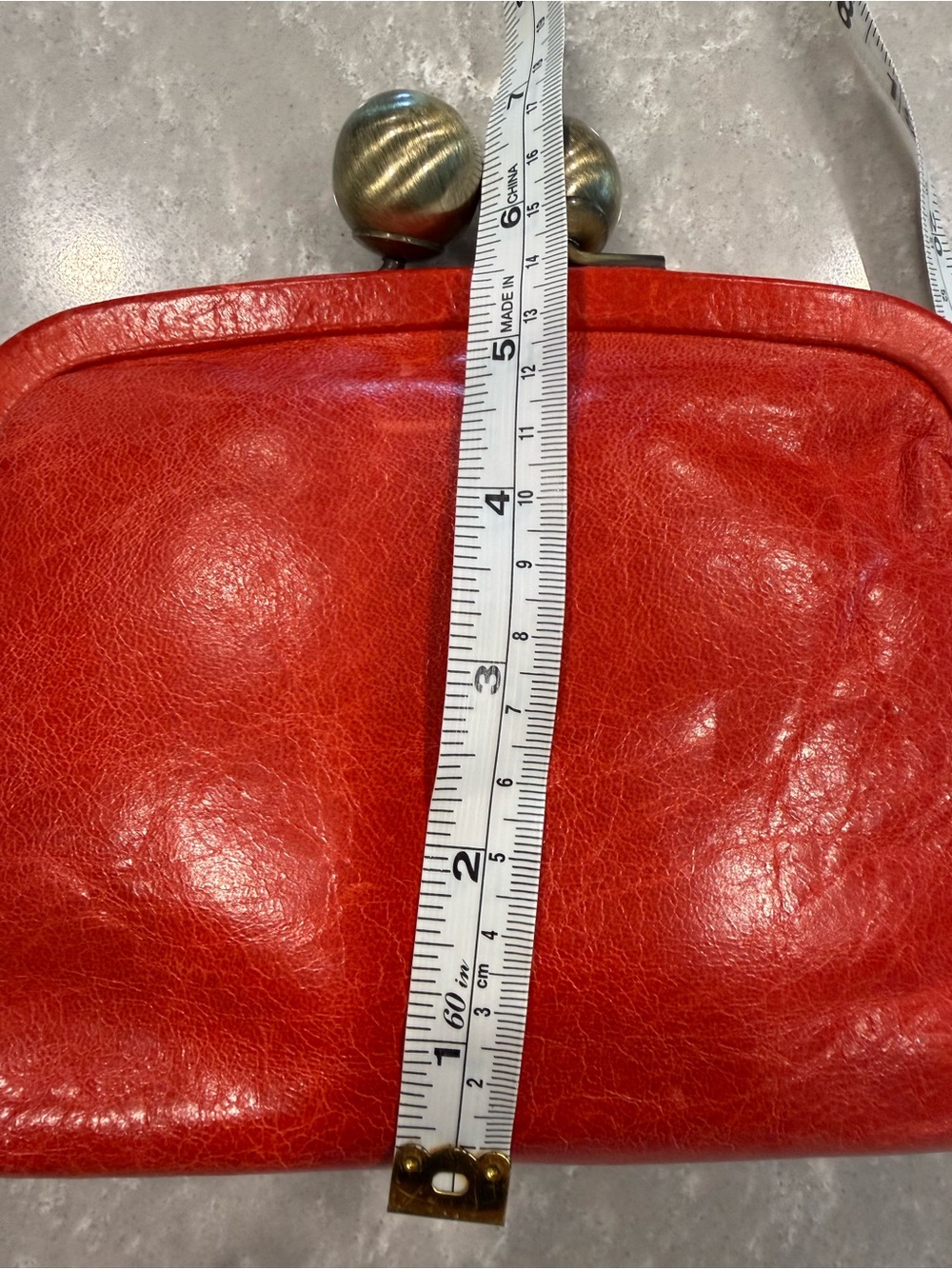 Trina Turk Red Leather Gold Kiss Lock Clutch Wristlet Oversized Ball Closure - Picture 9 of 11